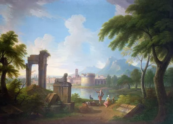 Paysage fluvial montagneux avec la tombe de Cecilia Metella et le campanile de Campovaccino, 1752